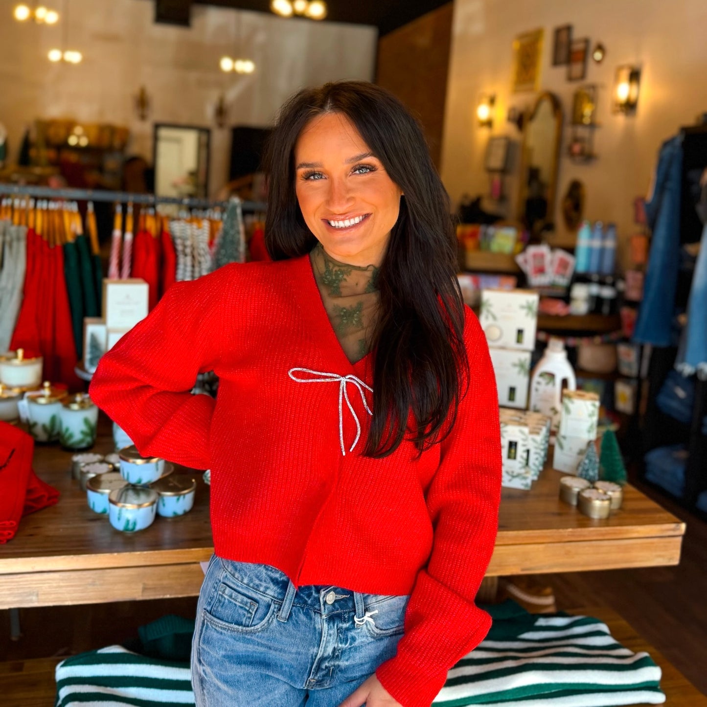 Sparkly Bow Embellished Cozy Red Sweater