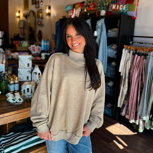 Taupe Vintage Wash Mock Neck Oversized Sweatshirt