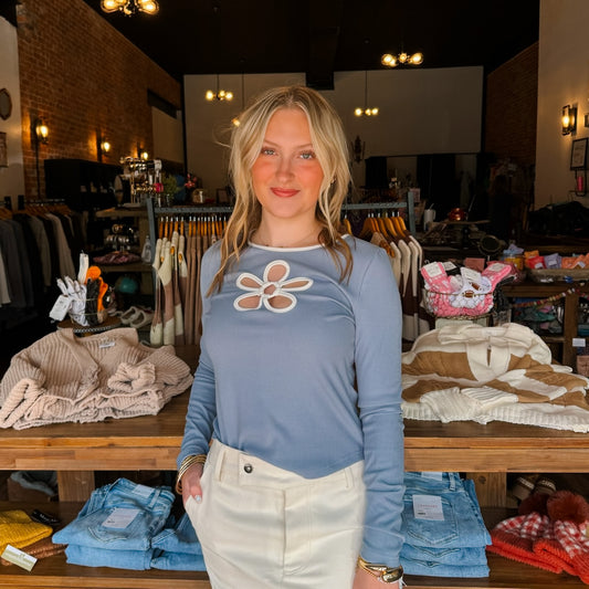 Dusty Blue Floral Cutout Ribbed Top