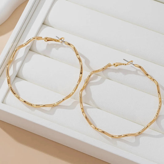 Oversized Hammered Gold Wavy Hoop Earrings
