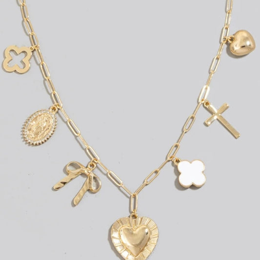 Heart Cross Clover And Ribbon Charms Chain Necklace