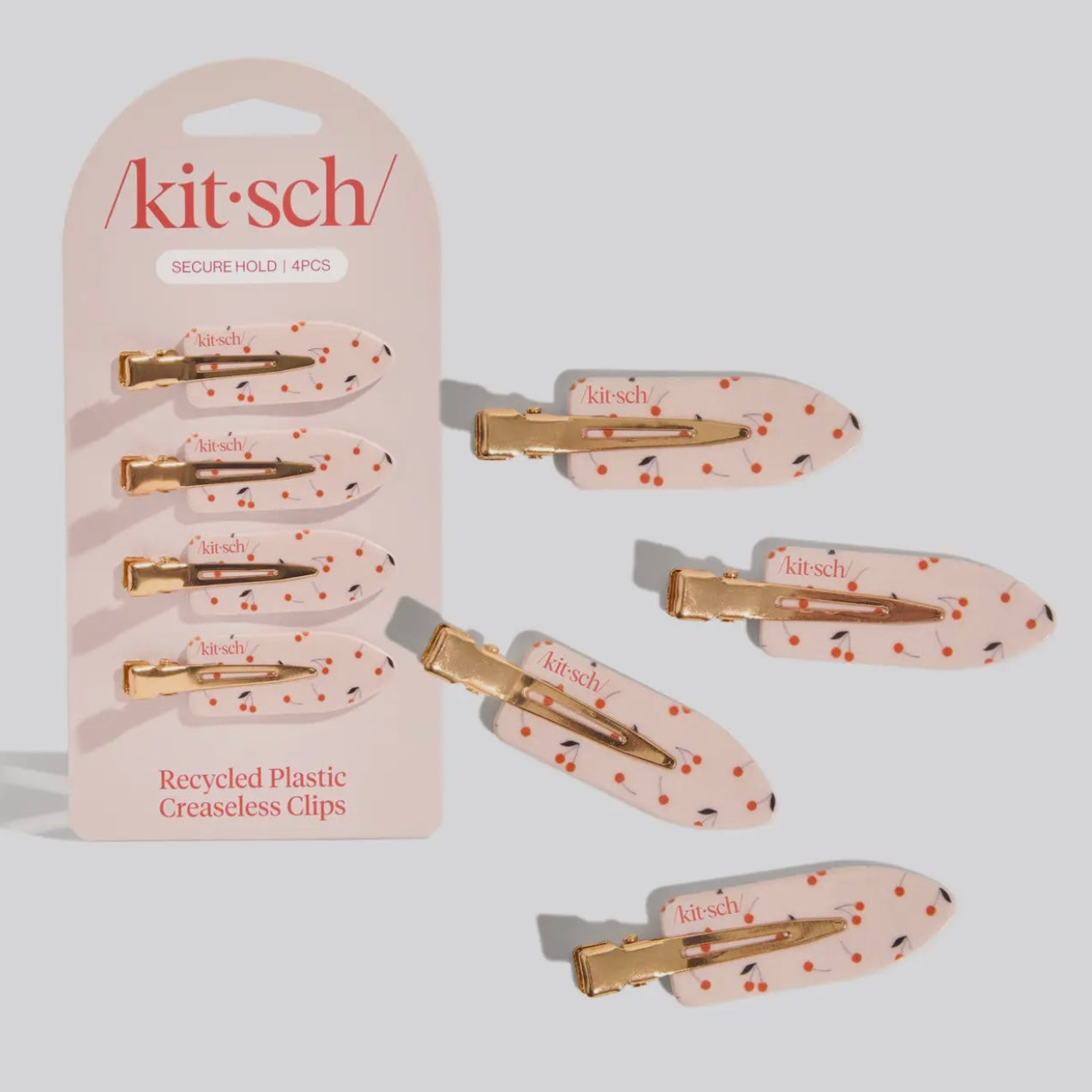 Kitsch Recycled Plastic Creaseless Clips 4pc Set - Cherry Print