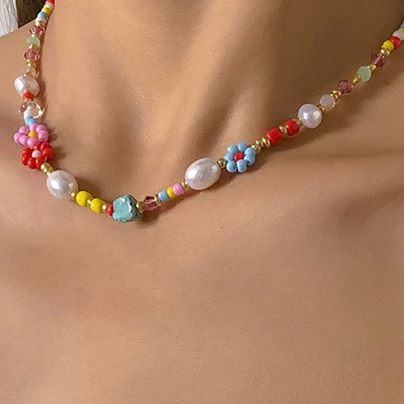 Multi Colored Flower Daisy Pearl Stone Necklace
