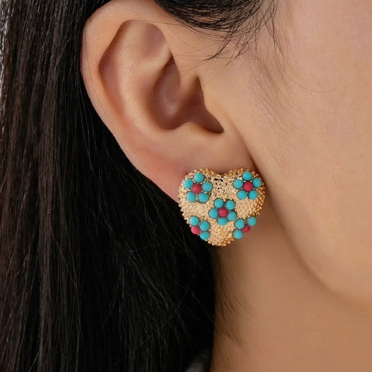 Multi Floral Turquoise Heart Stud Earring