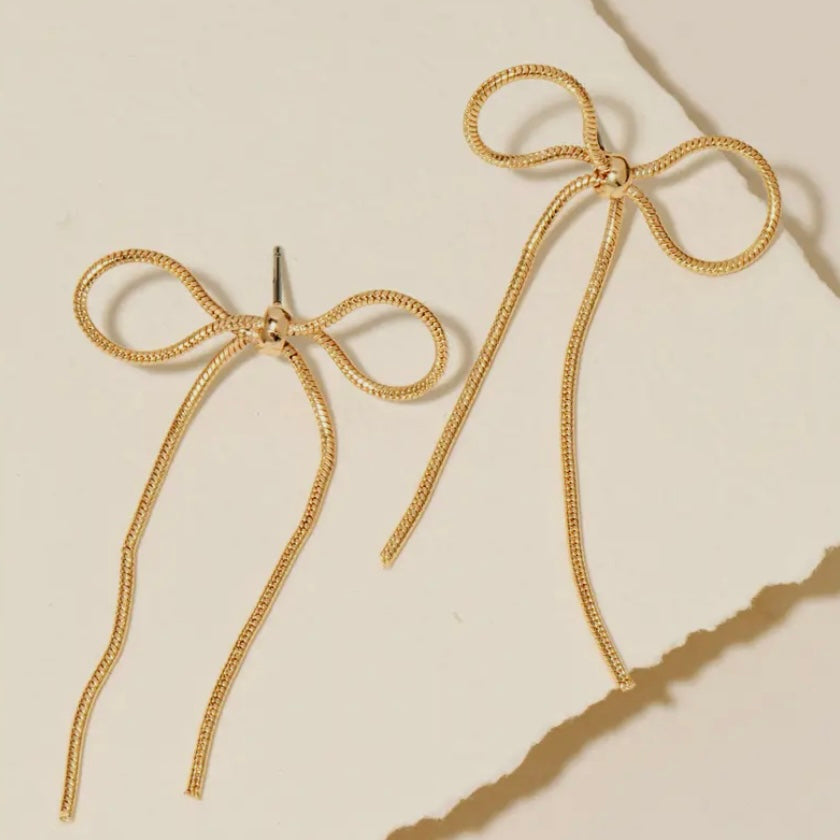 Thin Metallic Ribbon Bow Dangle Stud Earrings