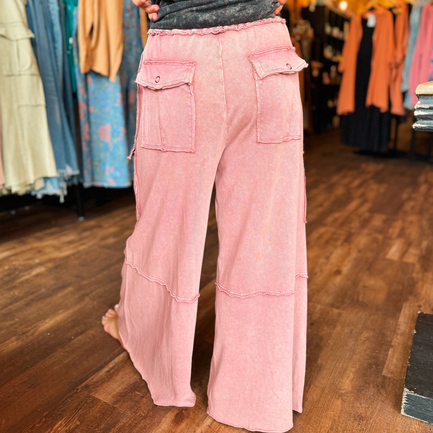 Faded Plum Mineral Wash Wide Leg Cargo Pants