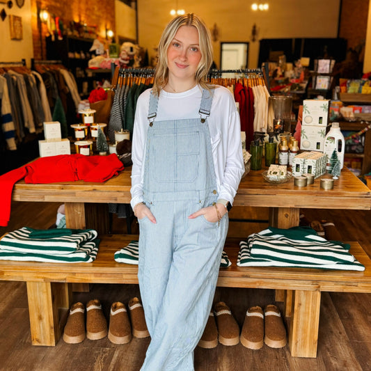 Light Blue Pinstripe Barrel Leg Overalls