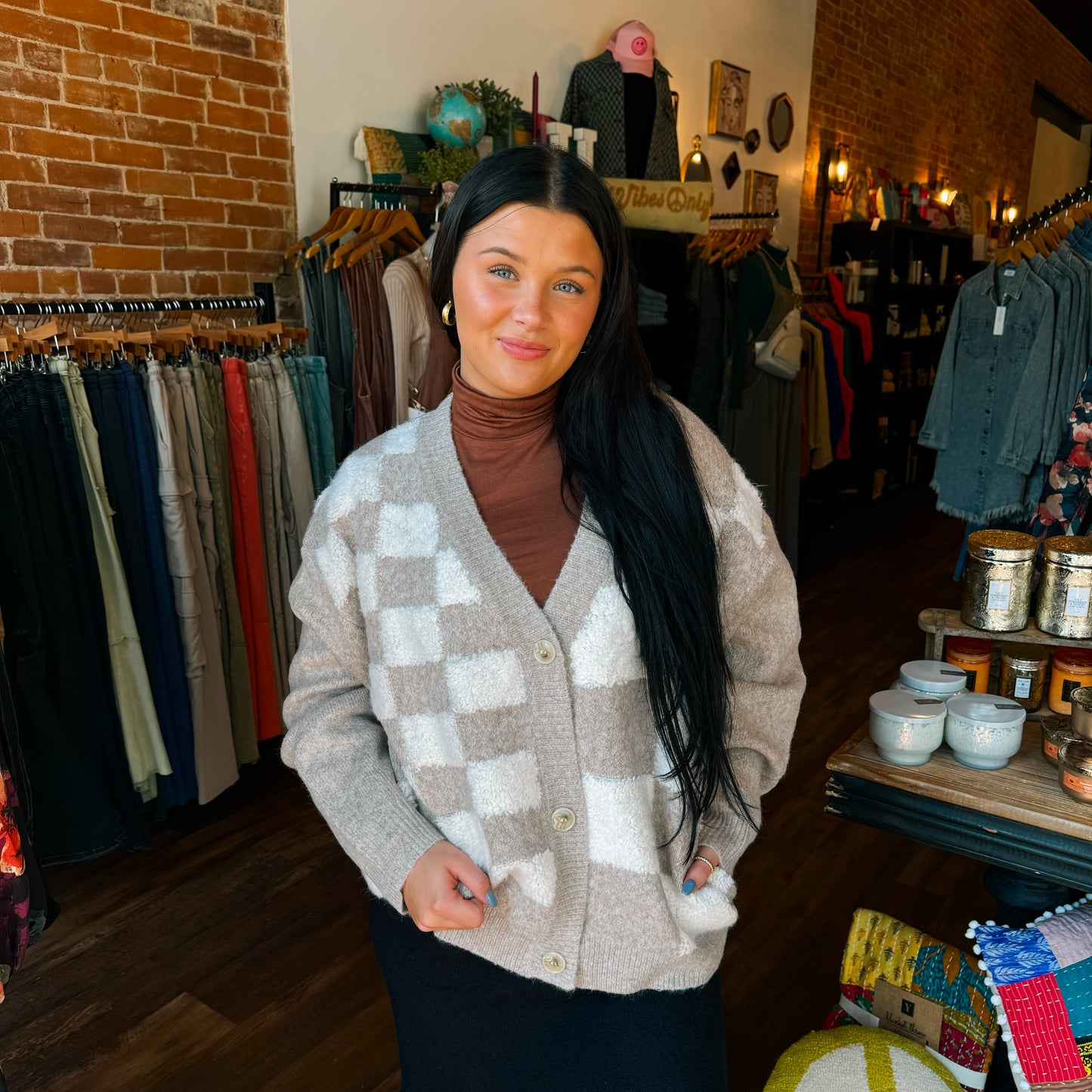 Puff Checker Sweater Cardigan