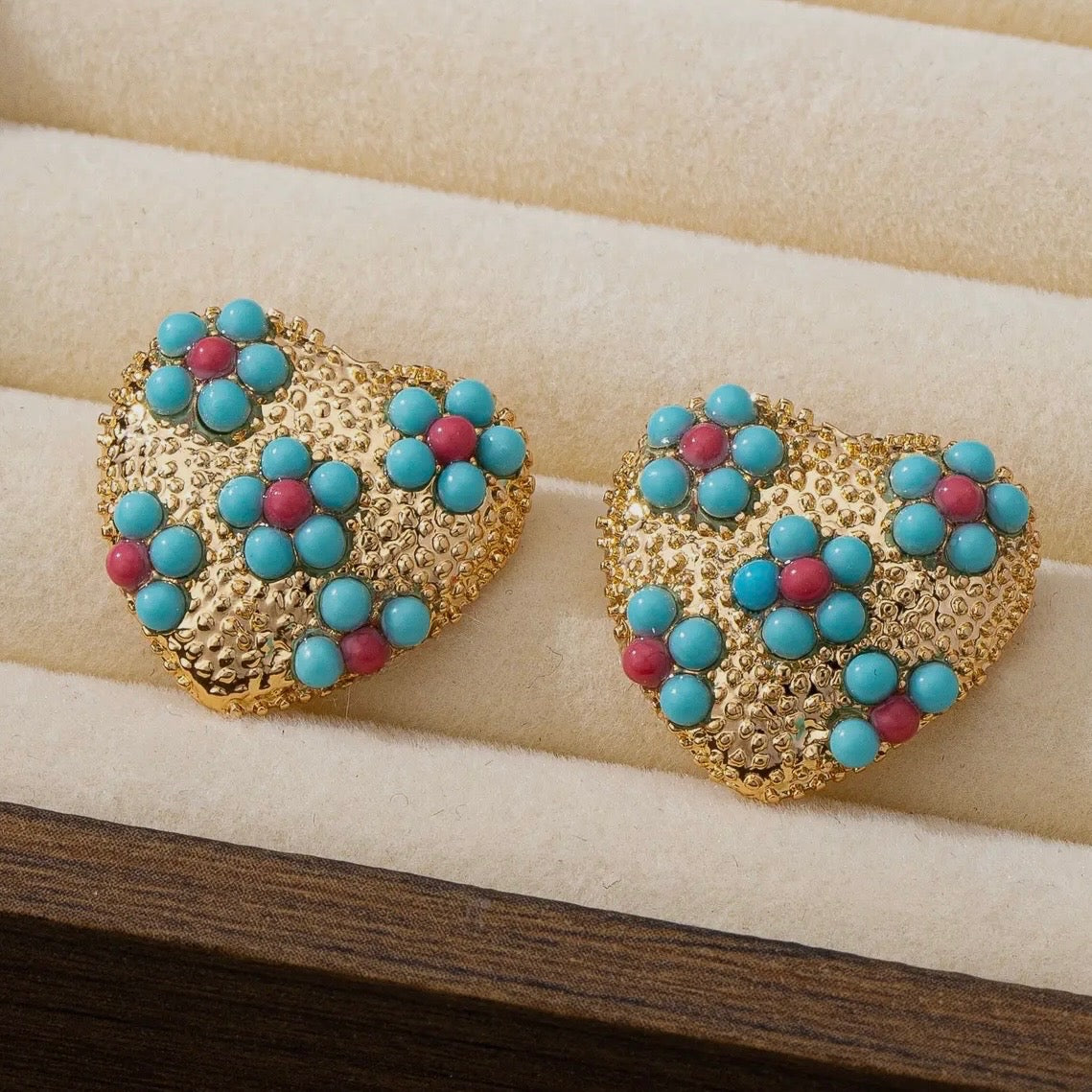 Multi Floral Turquoise Heart Stud Earring