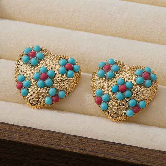 Multi Floral Turquoise Heart Stud Earring