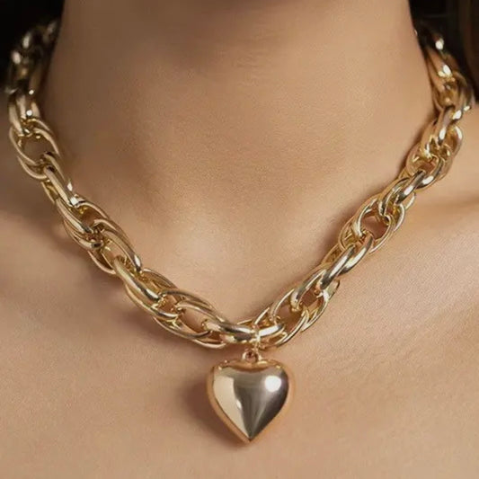 Puffy Heart Chunky Chain Statement Necklace