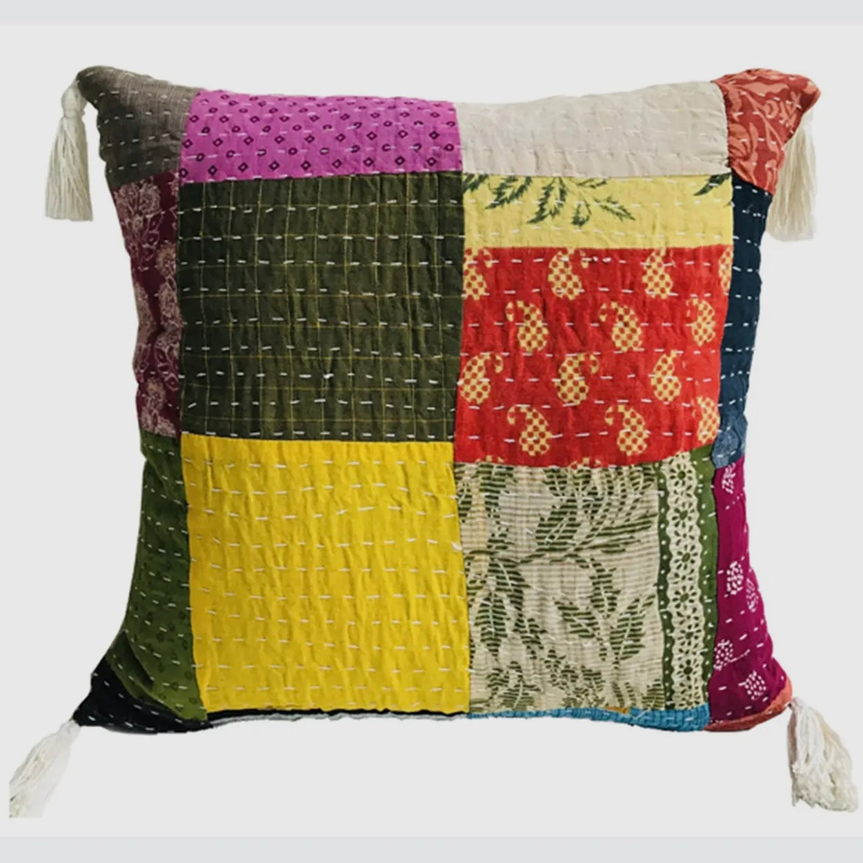 Cotton Kantha Patch Pillow With Tassels