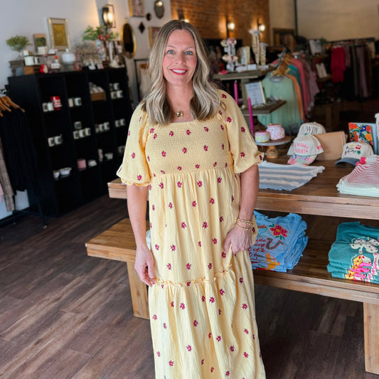 Yellow Floral Embroidered Maxi Dress