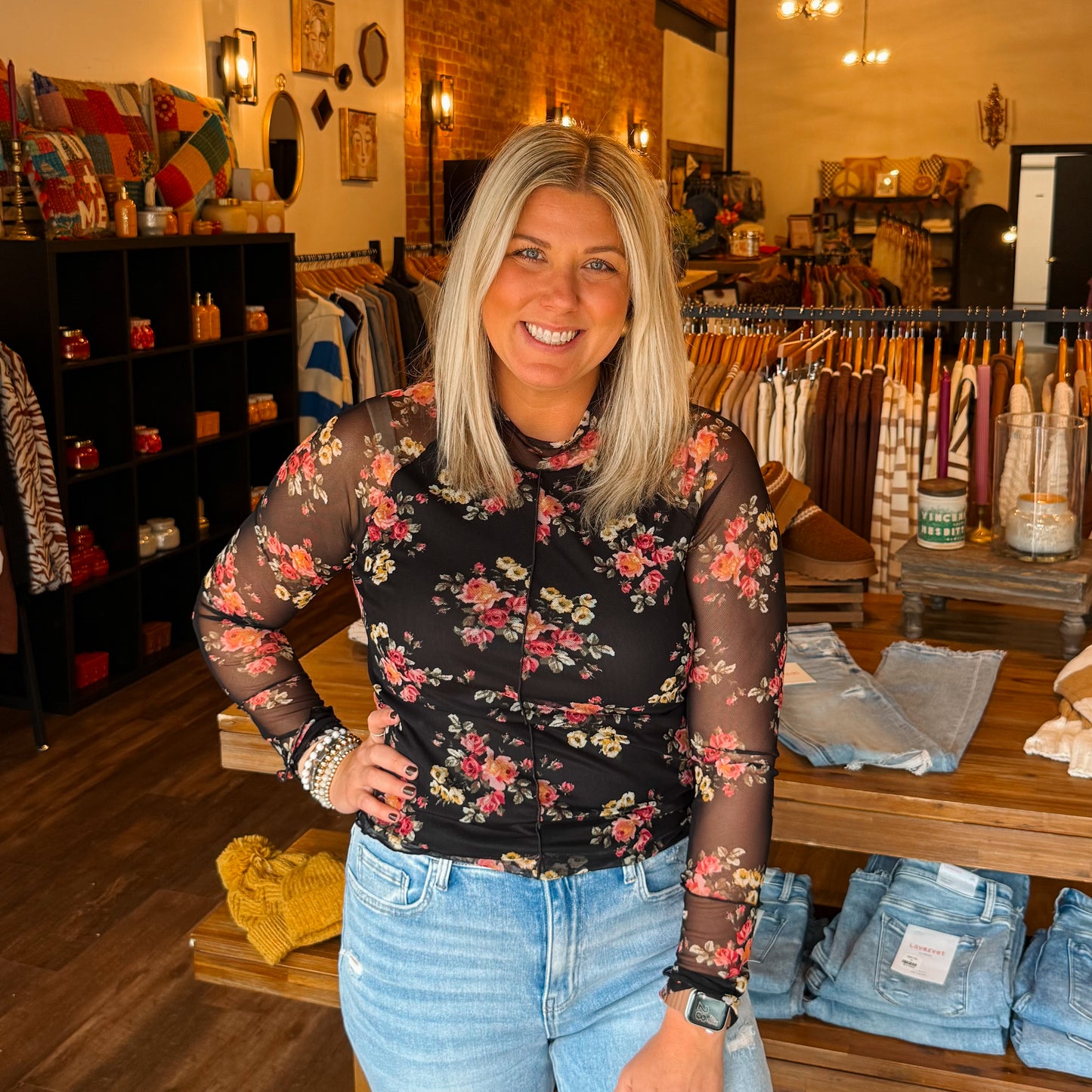 Floral Mock Neck Mesh Long Sleeve Top