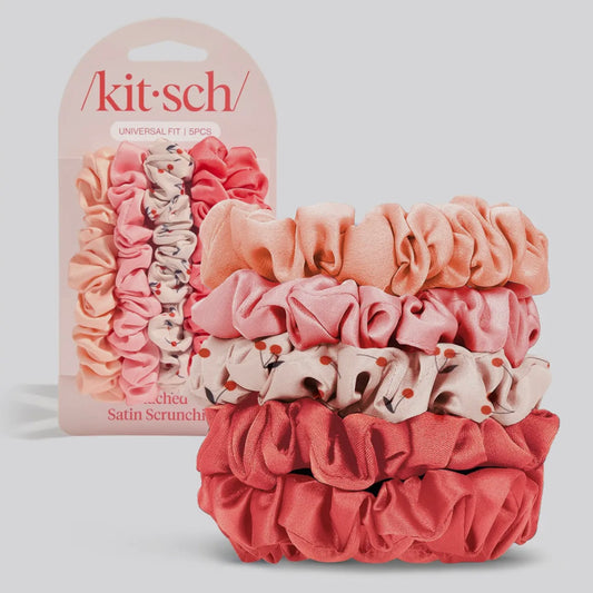 Kitsch Ruched Satin Scrunchies 5pc Set - Assorted Cherry Blossom