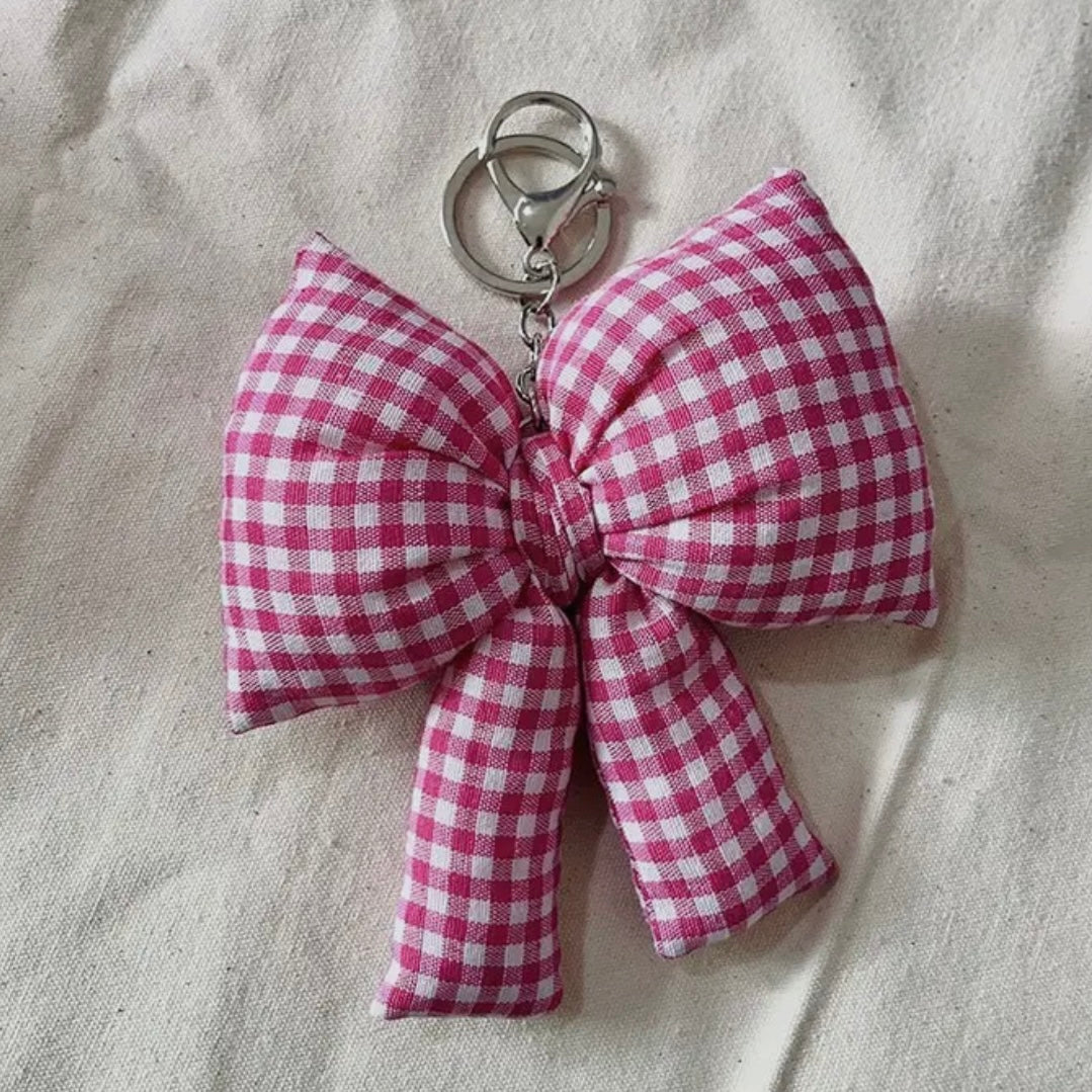 Puffy Checker Bow Ribbon Bag Charm Keychain