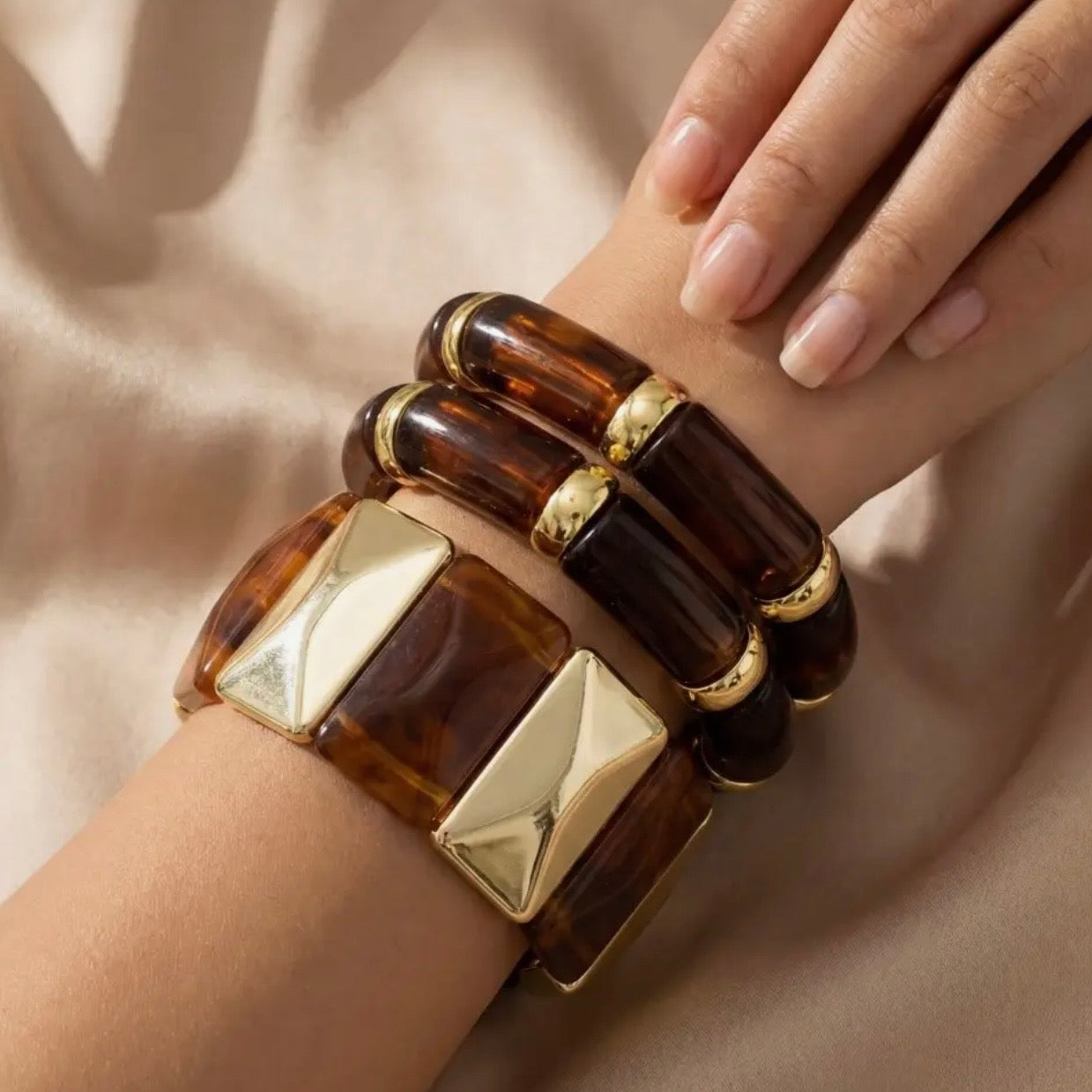 Chunky Marble Resin and Metallic Beads Elastic Bracelet Set