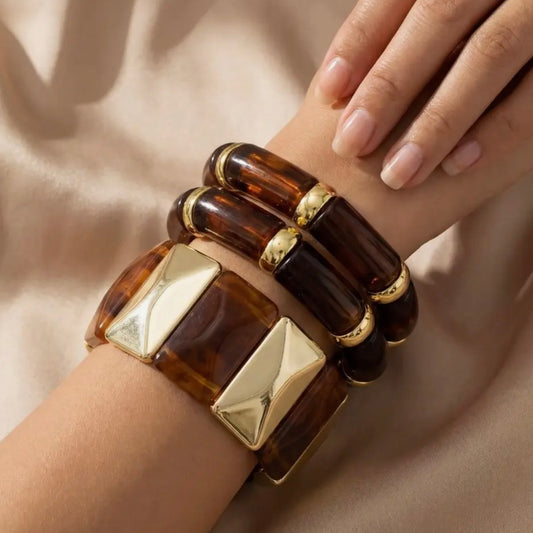 Chunky Marble Resin and Metallic Beads Elastic Bracelet Set