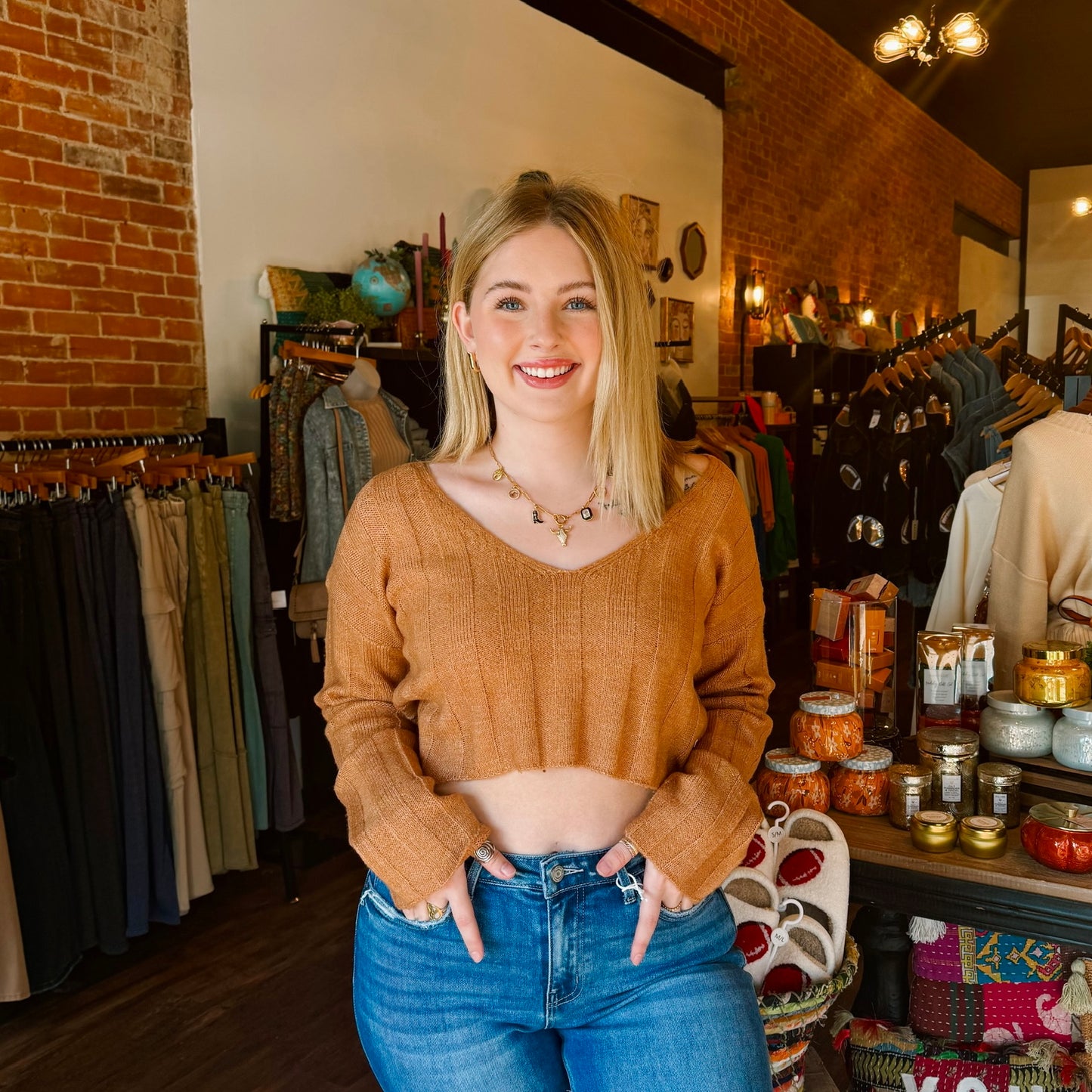 Cropped Camel V Neck Sweater