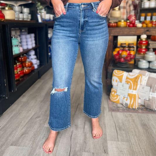 Risen High Rise Distressed Ankle Flare Jeans