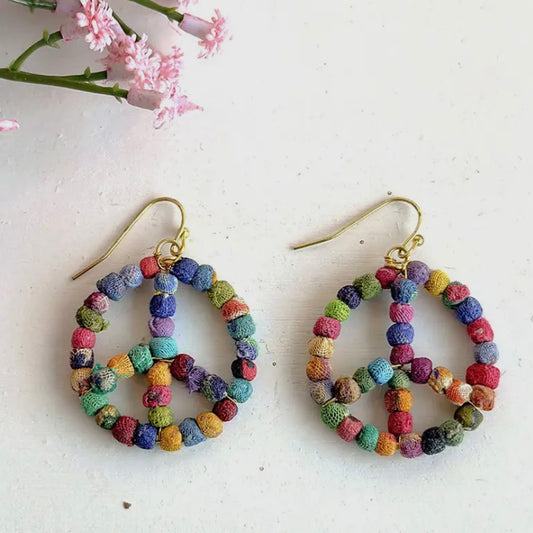 Kantha Peace Sign Earrings