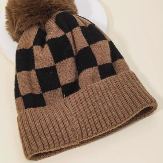 Checkered Pattern Pom Beanie