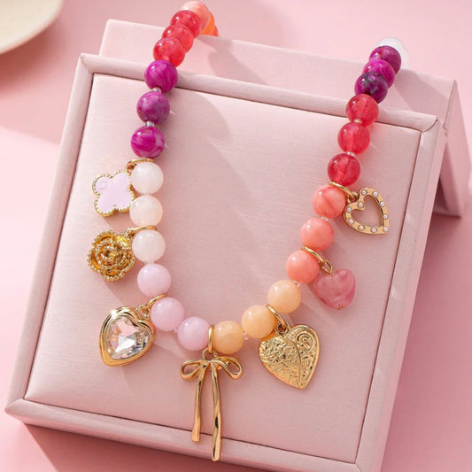 Pastel Beaded Bow Heart Flower Charm Necklace