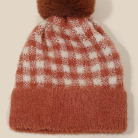 Fuzzy Pom Pom Plaid Beanie