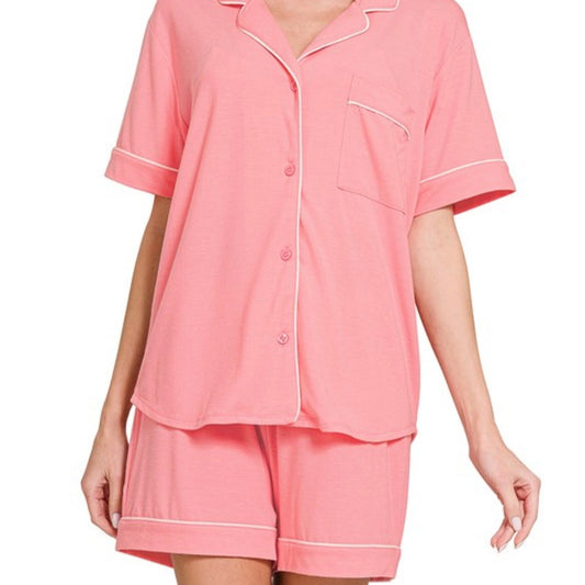 Short Sleeve Button Down Shirt & Shorts Pajama Set