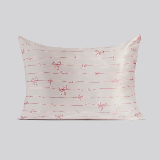 Kitsch Holiday Satin Pillowcase in Striped Bows