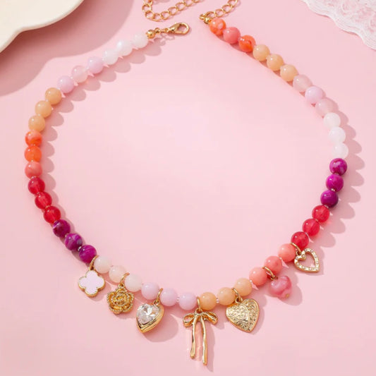 Pastel Beaded Bow Heart Flower Charm Necklace