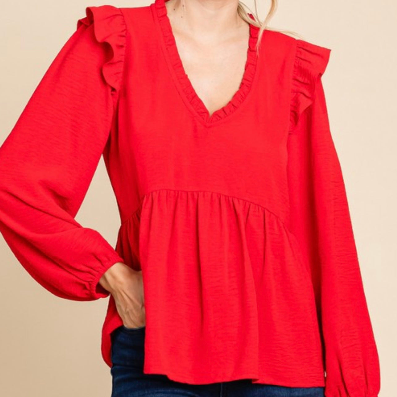 Red Bubble Sleeve Baby Doll Top