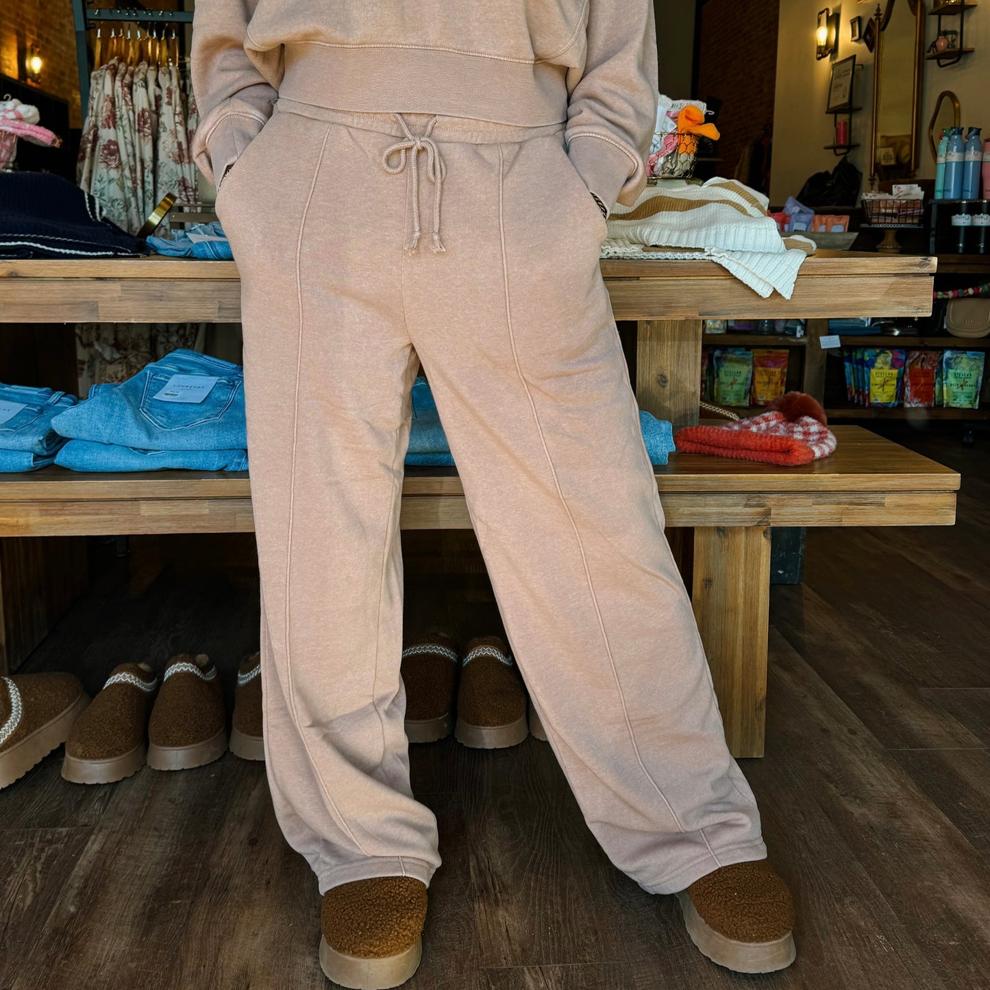 Dark Taupe High Waist Drawstring Pintuck Pants