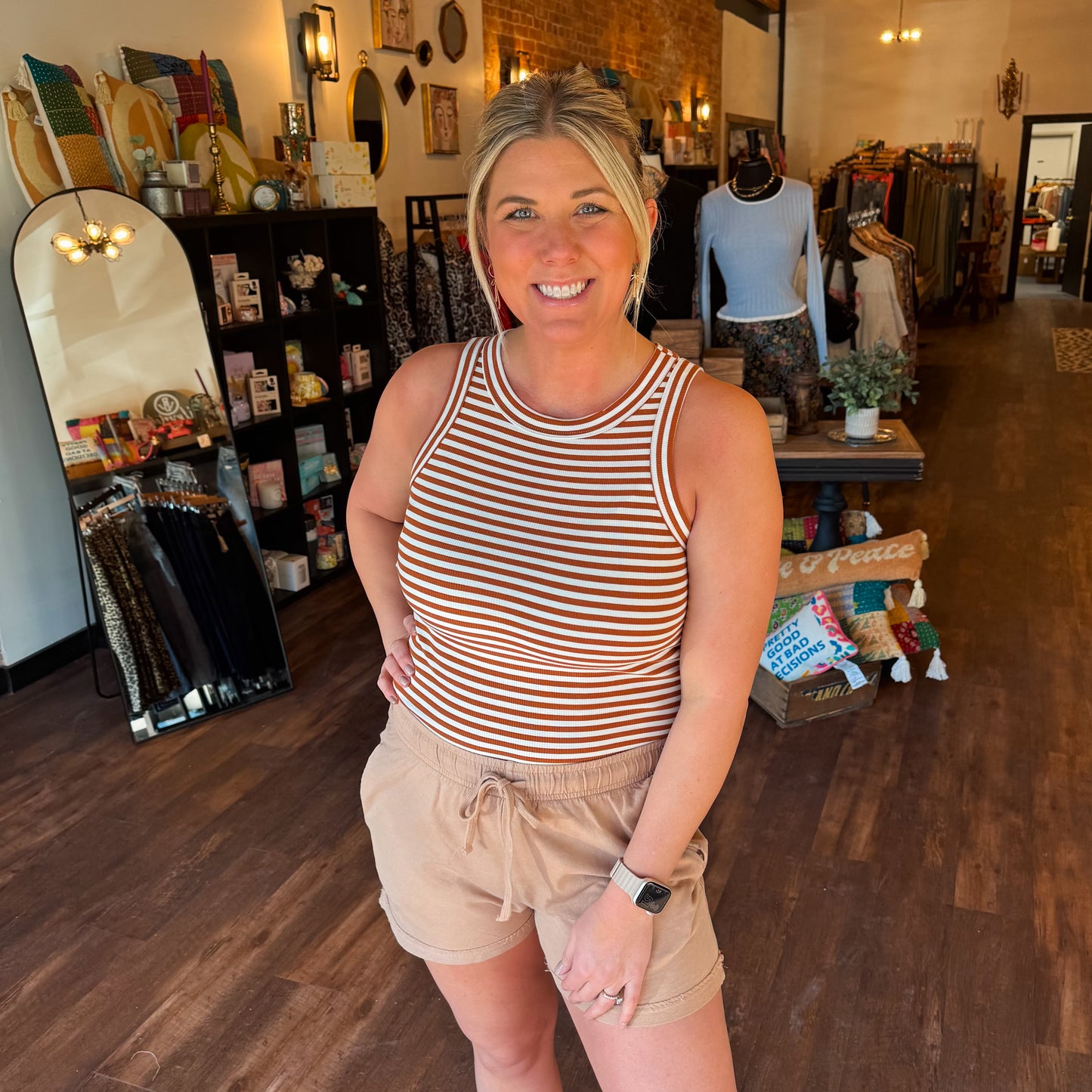 Tan Striped Fitted Tank