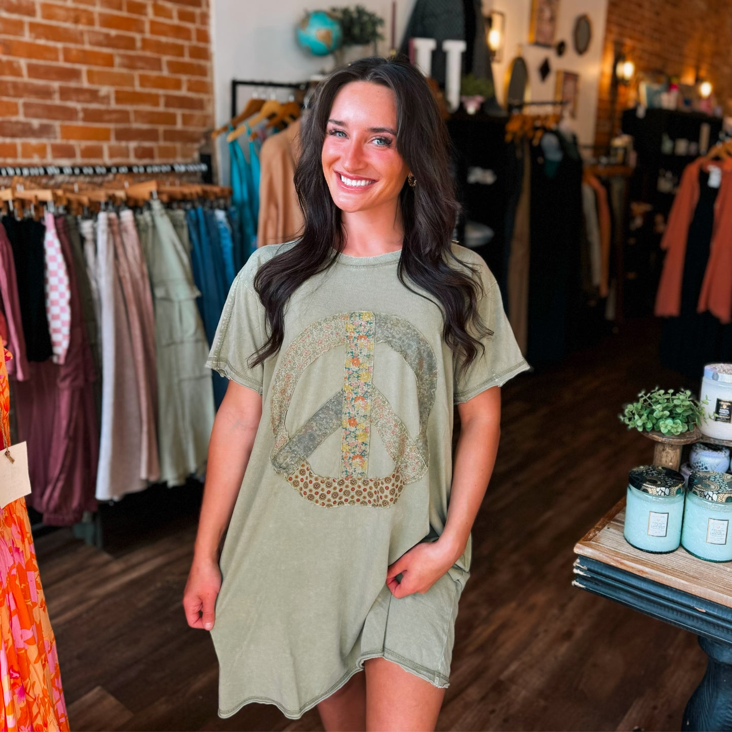 Faded Olive Peace Sign T-Shirt Dress