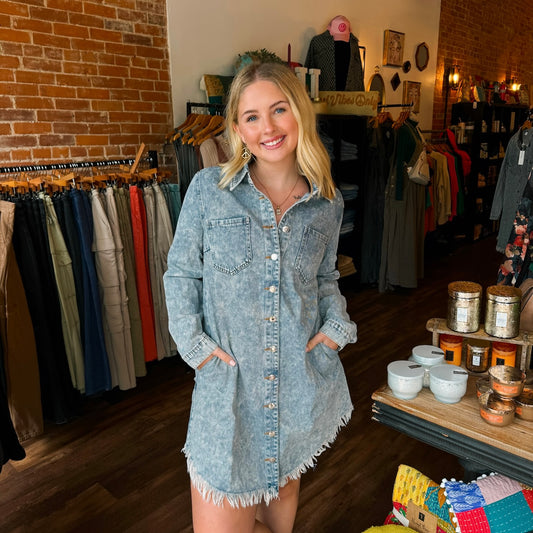 Denim Distressed Long Sleeve Shirt Dress