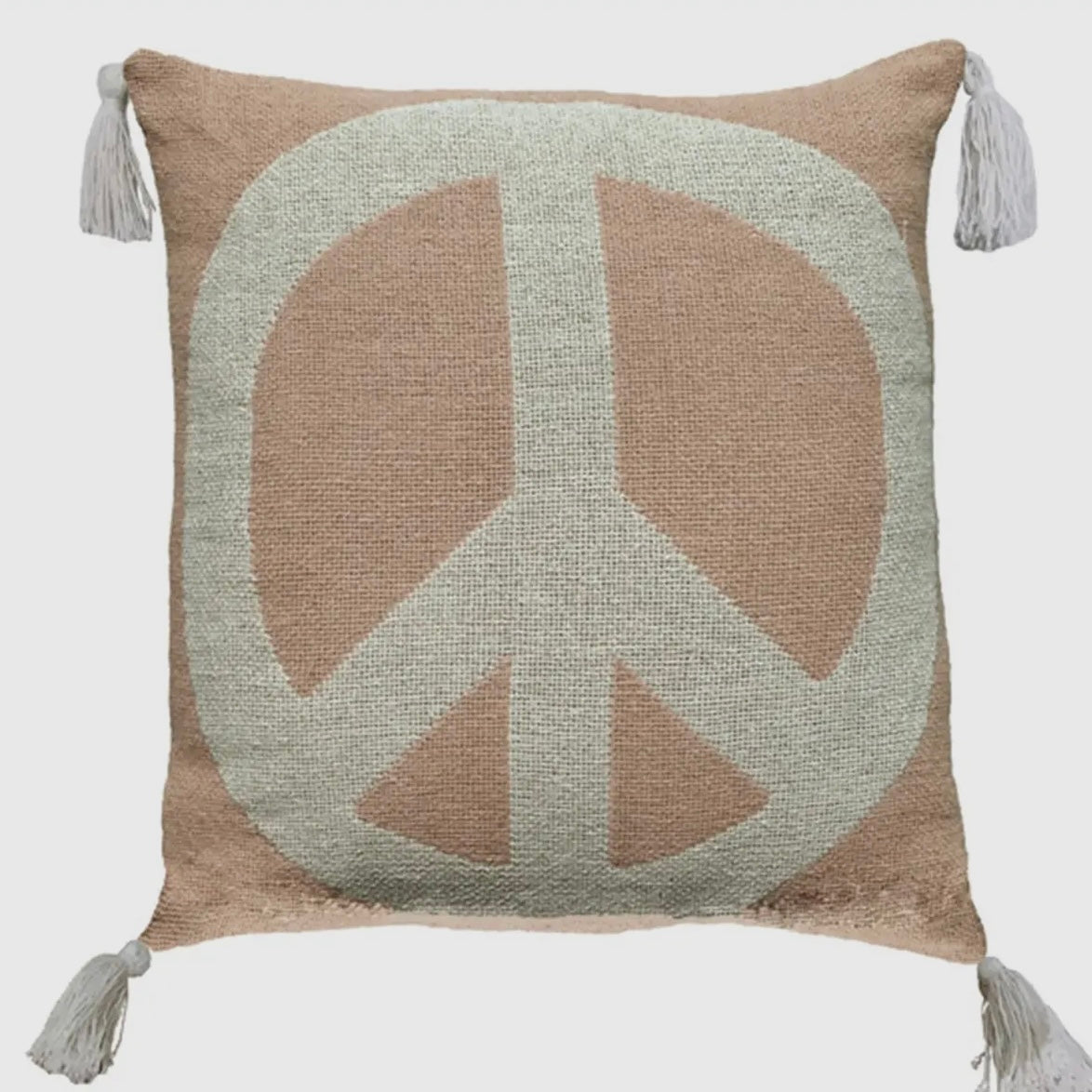 Cotton Peace Sign Pillow with White Tassels