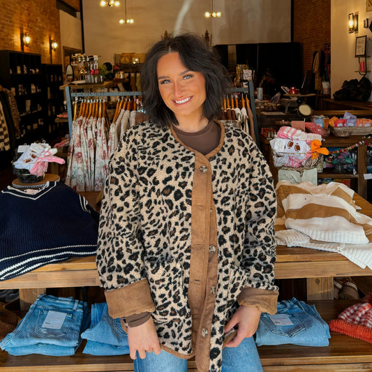 Button Front Leopard Sherpa Jacket