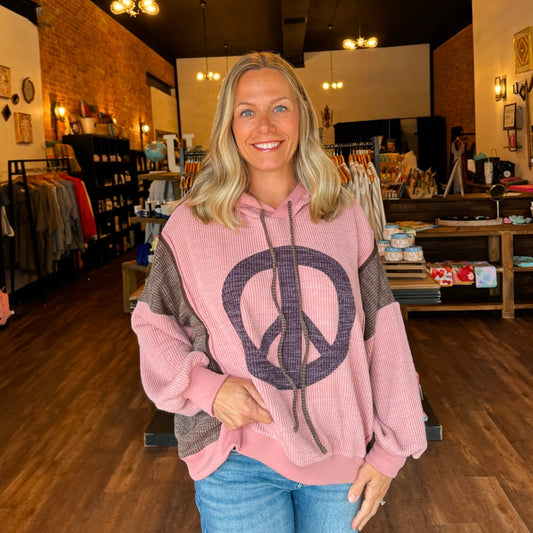 Peace Sign Ribbed Knit Hoodie Pullover