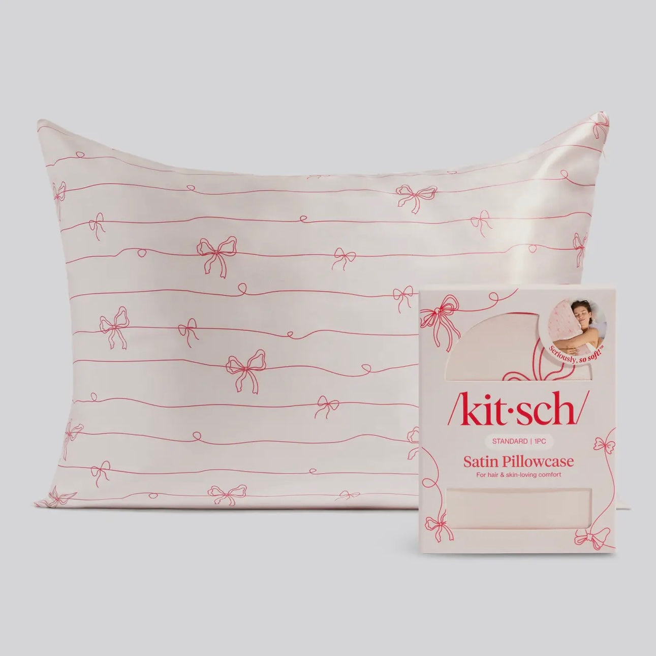 Kitsch Holiday Satin Pillowcase in Striped Bows