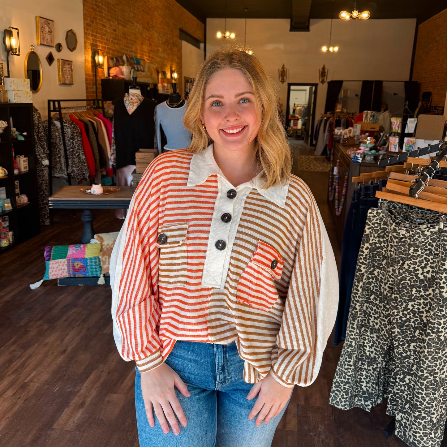 Striped Color Block Oversized Button Up Tunic