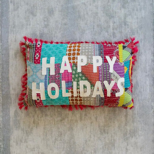 Happy Holiday Kantha Pillow