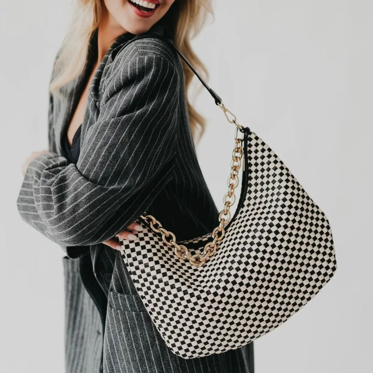 Black Checkered Sienna Slouchy Woven Shoulder Bag
