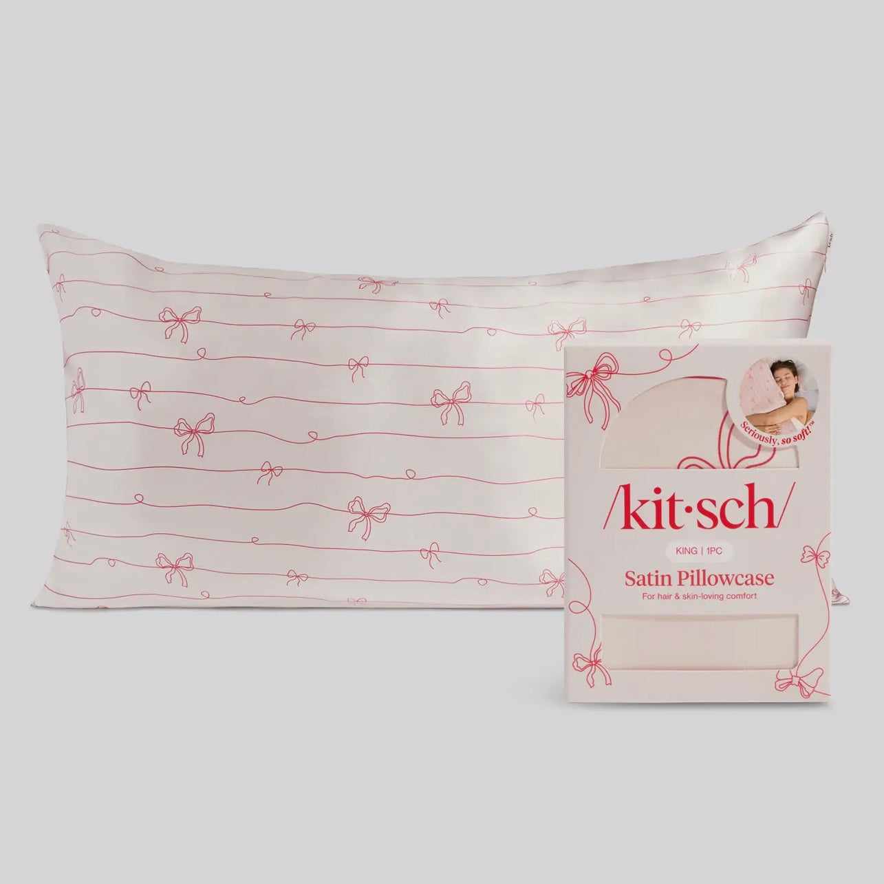 Kitsch Holiday Satin Pillowcase in Striped Bows King Size