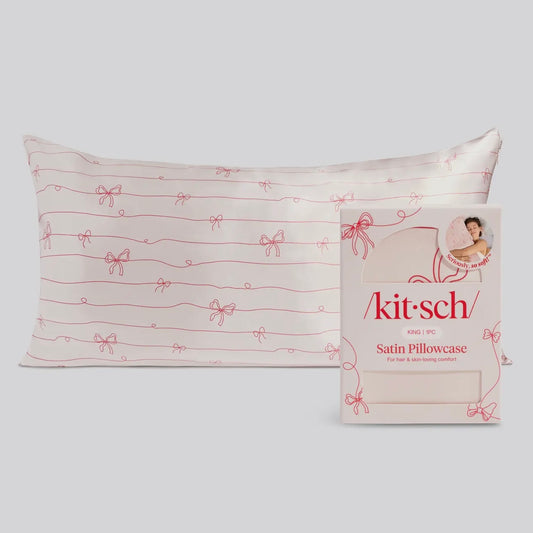 Kitsch Holiday Satin Pillowcase in Striped Bows King Size