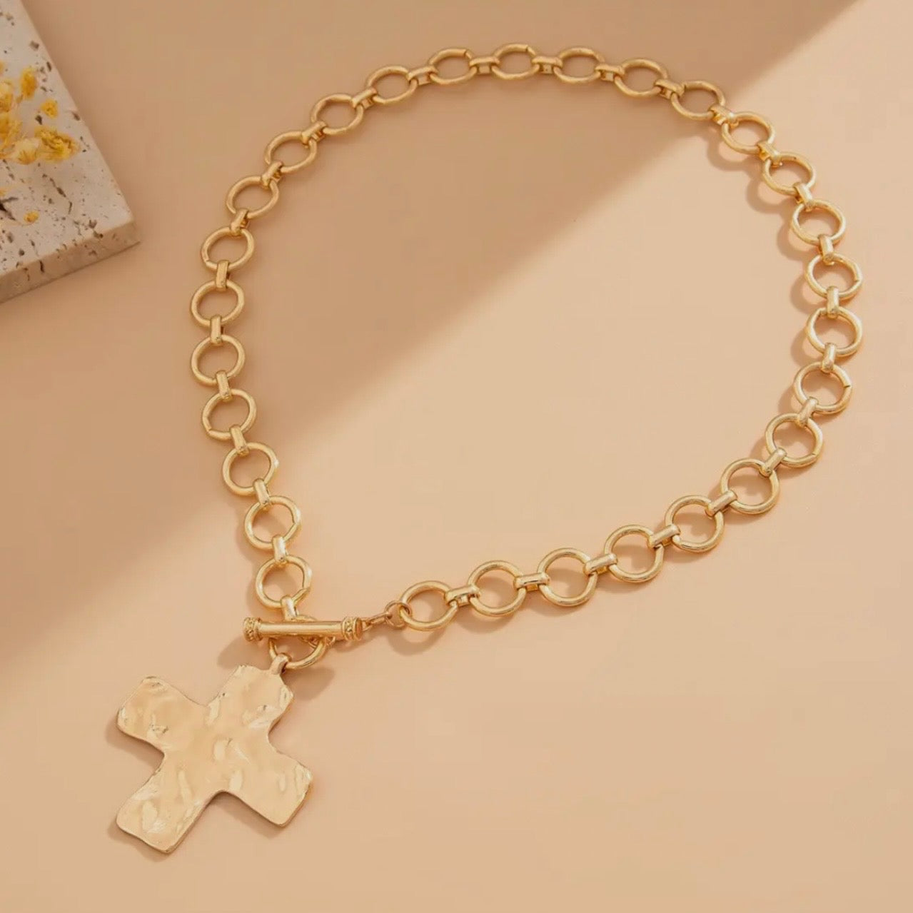 Hammered Cross Front Toggle Necklace