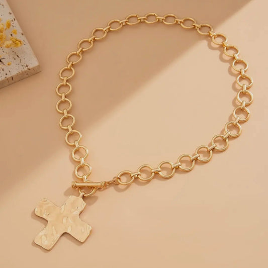 Hammered Cross Front Toggle Necklace