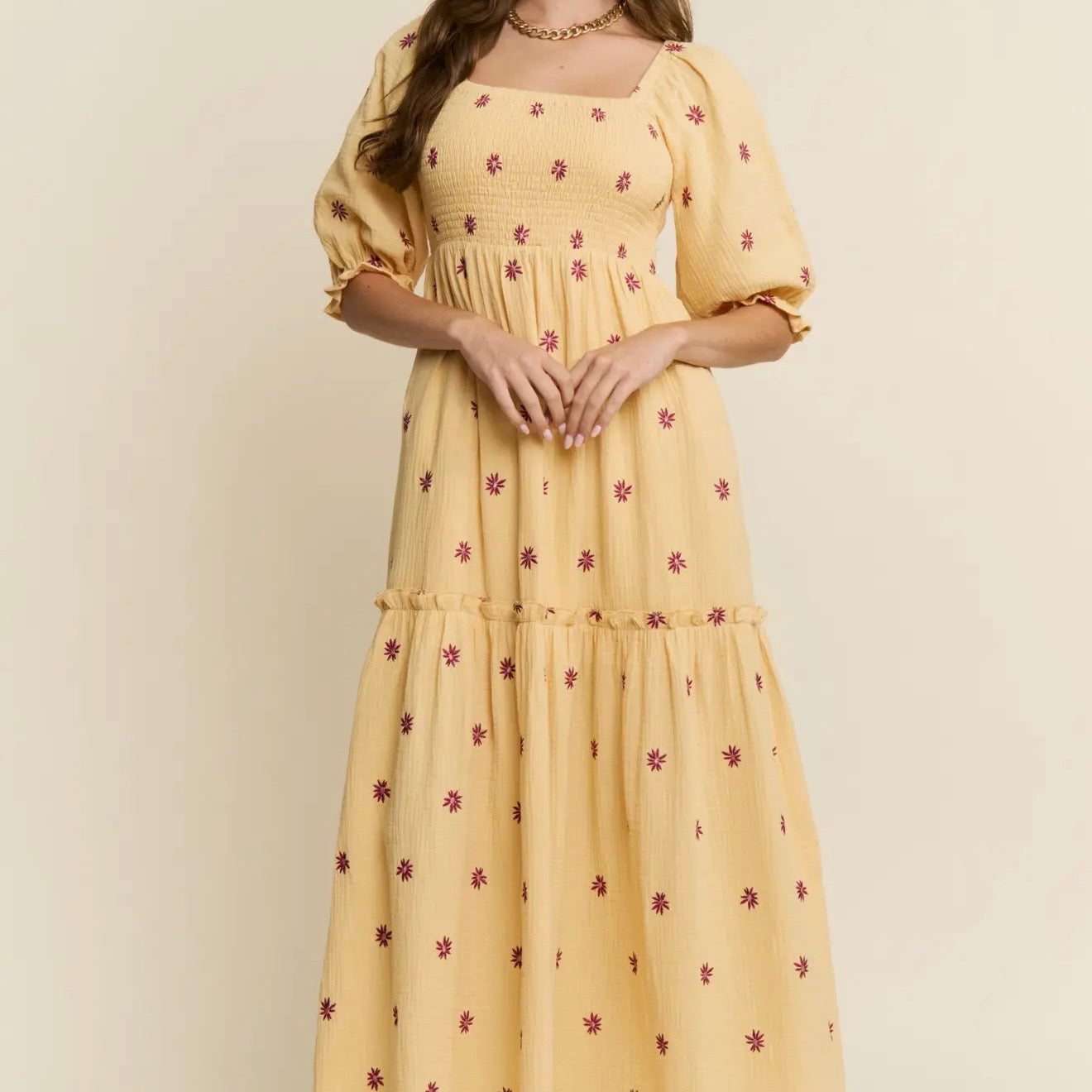 Yellow Floral Embroidered Maxi Dress
