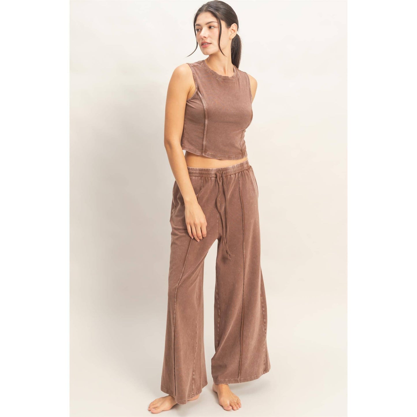 Mineral Washed Sleeveless Top & Wide Leg Pants Set in Chocolate
