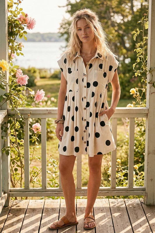 Polka Dot Button Down Pleated Poplin Mini Dress